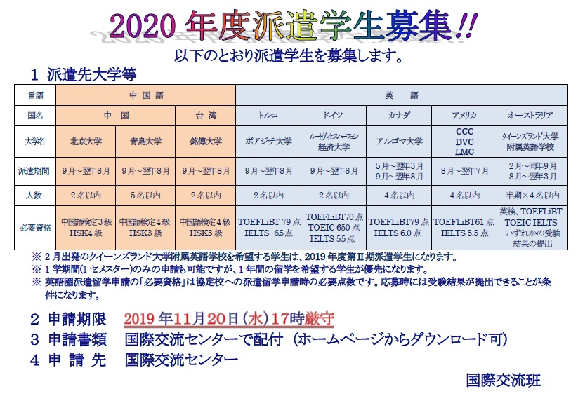 2020年度第Ⅰ期派遣学生募集開始