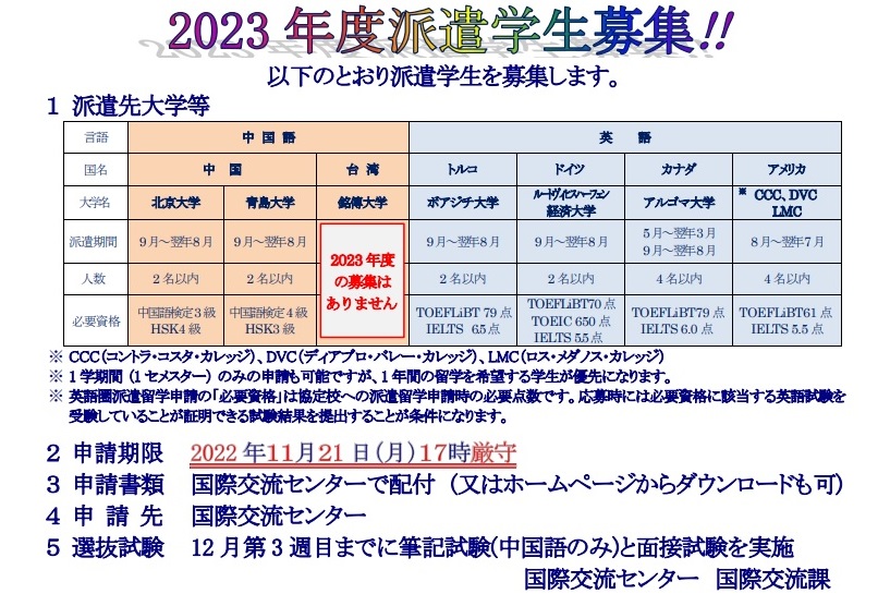 【国際交流センター】2023年度第I期派遣学生を募集します